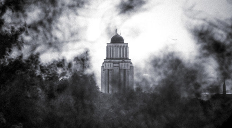 A photograph of a Montreal landmark taken with a 500mm lens from atop Mont Royal. Canon F1New camera using CatLabs 320 black and white film.