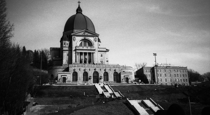 A photograph of St. Joseph's Oratory while landscaping is in progress. Canon F1New camera using CatLabs 320 black and white film.