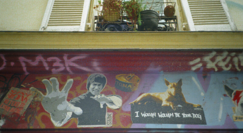 A photograph of graffiti on a residential building featuring Bruce Lee. Taken with a Nikon L35AF using Fujicolor Colorplus 400 film.