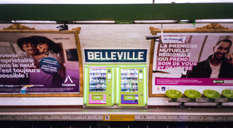 A photograph of the Belleville Metra station in Paris. Taken with a Nikon L35AF using Fujicolor Colorplus 400 film.