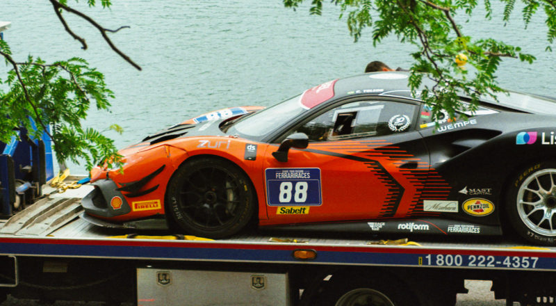 A photograph of a Ferrari during the qualifying round of the 2023 Canadian Grand Prix in Montreal at the Circuit Jacques Villeneuve. Taken with a Canon F1New film camera using Kodak Ektar 100 Professional film.