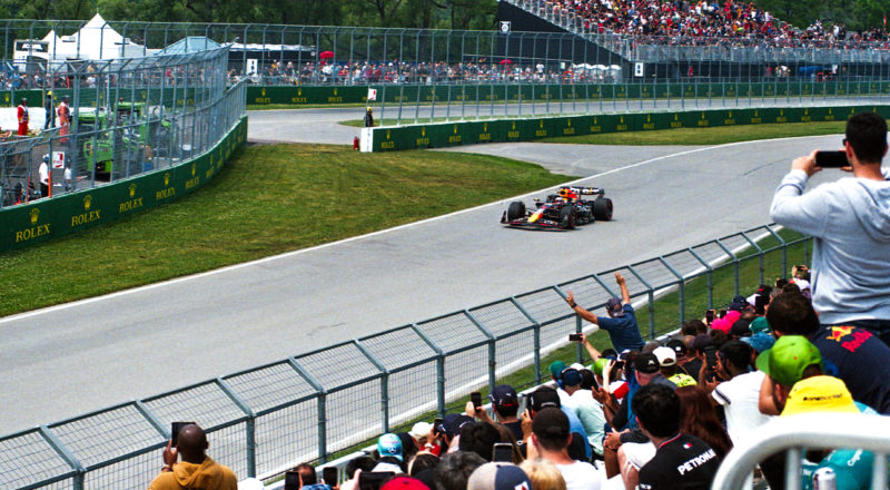 A photograph of Max Verstappen during the qualifying round of the 2023 Canadian Grand Prix in Montreal at the Circuit Jacques Villeneuve. Taken with a Canon F1New film camera using Kodak Ektar 100 Professional film.