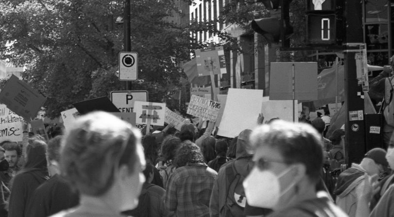 A photograph from the anti-LGBTQ+ rally in Montreal in 2023 of the resistance. Taken with a Canon F1New using CatLabs 320 film.