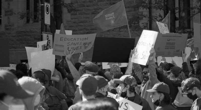 A photograph from the anti-LGBTQ+ rally in Montreal in 2023 of the resistance. Taken with a Canon F1New using CatLabs 320 film.