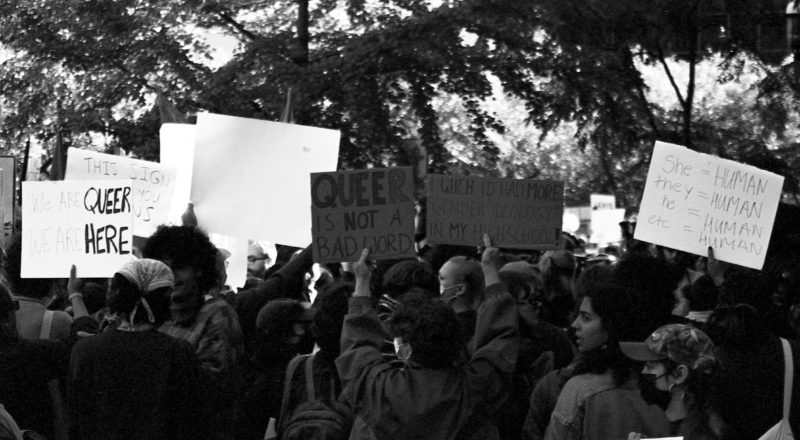 A photograph from the anti-LGBTQ+ rally in Montreal in 2023 of the resistance. Taken with a Canon F1New using CatLabs 320 film.