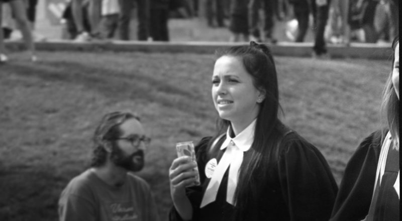 A photograph from a union rally in support of Quebec service workers including teachers and nurses near the Sir George-Etienne Cartier Monument in Montreal during the summer of 2023. Taken with a Canon F1New using CatLabs 320 film.
