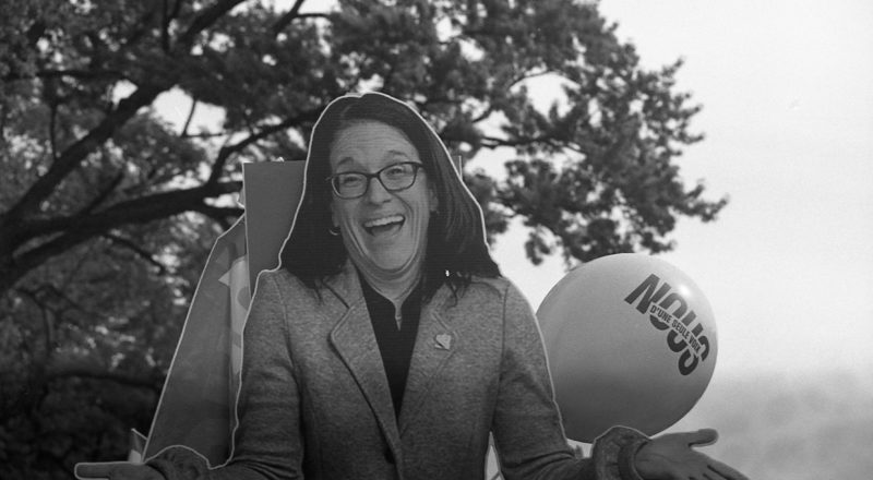 A photograph from a union rally in support of Quebec service workers including teachers and nurses near the Sir George-Etienne Cartier Monument in Montreal during the summer of 2023. Taken with a Canon F1New using CatLabs 320 film.