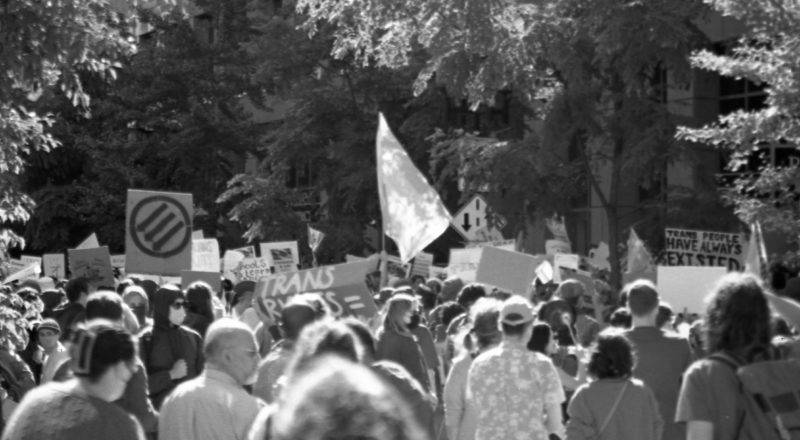 A photograph from the anti-LGBTQ+ rally in Montreal in 2023 of the resistance. Taken with a Canon F1New using CatLabs 320 film.