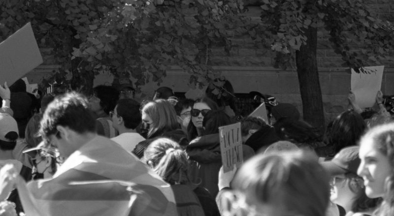 A photograph from the anti-LGBTQ+ rally in Montreal in 2023 of the resistance. Taken with a Canon F1New using CatLabs 320 film.