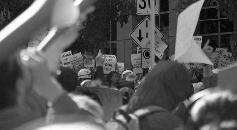 A photograph from the anti-LGBTQ+ rally in Montreal in 2023 of the resistance. Taken with a Canon F1New using CatLabs 320 film.