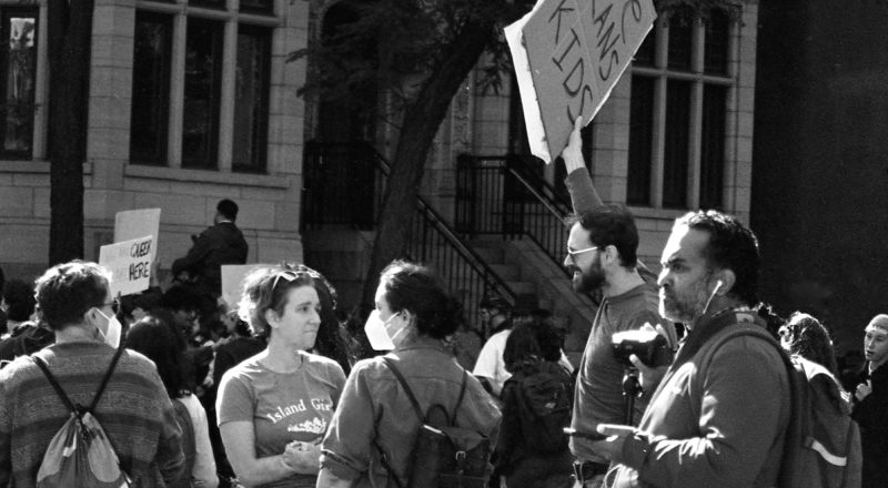 A photograph from the anti-LGBTQ+ rally in Montreal in 2023 of the resistance. Taken with a Canon F1New using CatLabs 320 film.