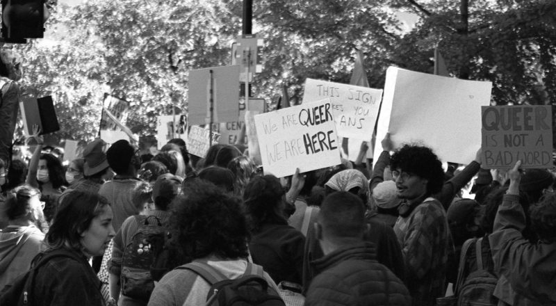 A photograph from the anti-LGBTQ+ rally in Montreal in 2023 of the resistance. Taken with a Canon F1New using CatLabs 320 film.