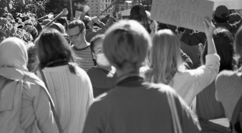 A photograph from the anti-LGBTQ+ rally in Montreal in 2023 of the resistance. Taken with a Canon F1New using CatLabs 320 film.