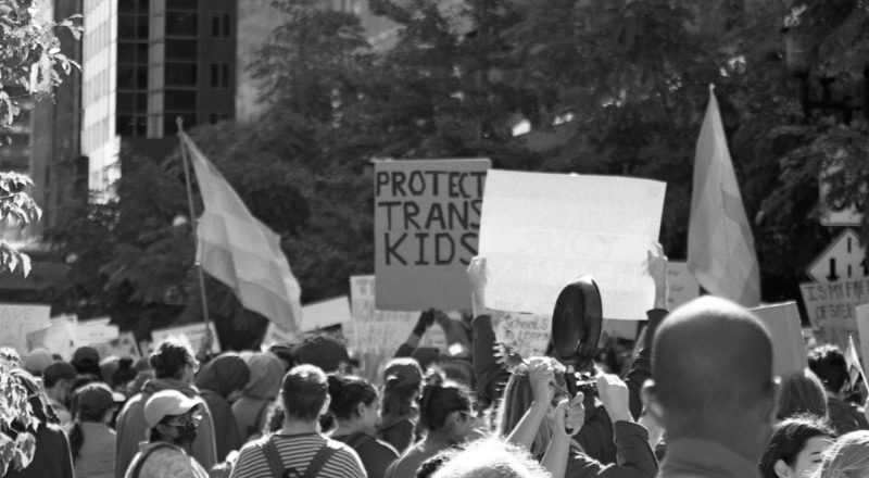 A photograph from the anti-LGBTQ+ rally in Montreal in 2023 of the resistance. Taken with a Canon F1New using CatLabs 320 film.